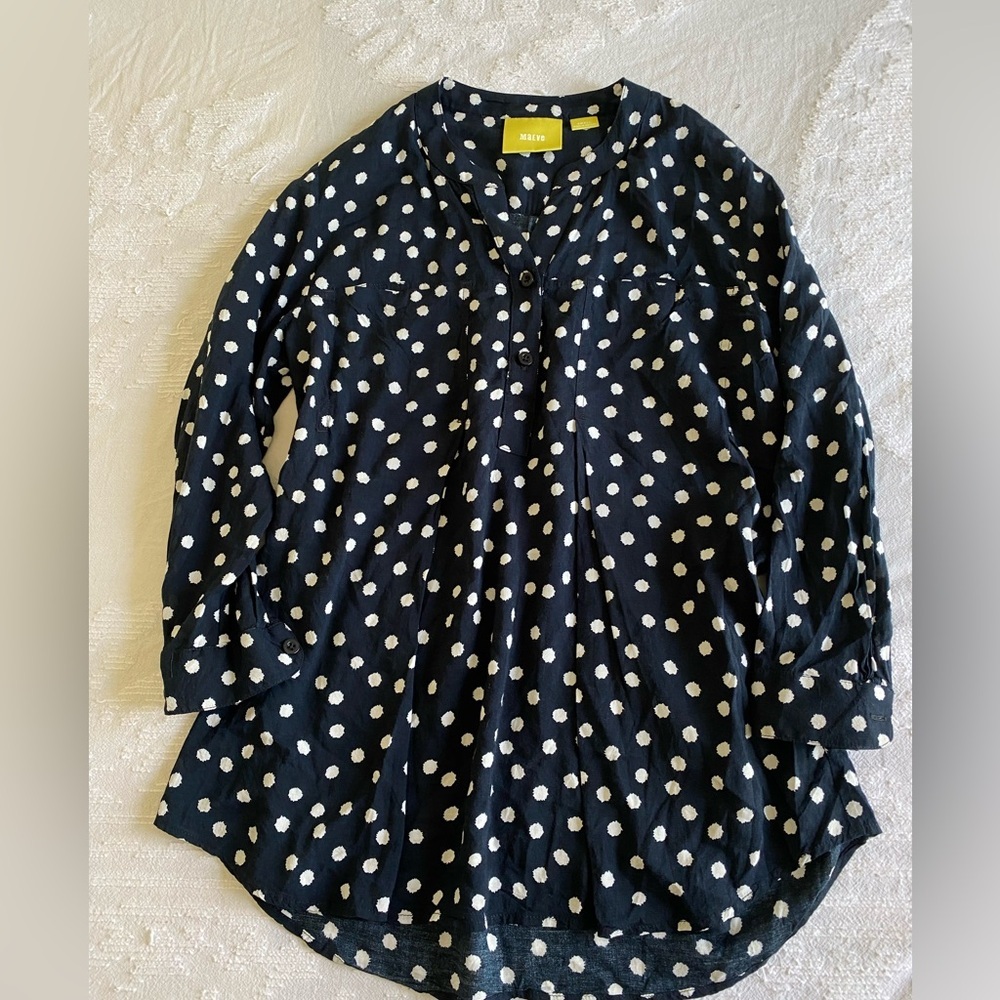 Maeve Navy and White Polka Dot Blouse tunic 3/4 sleeve buttons